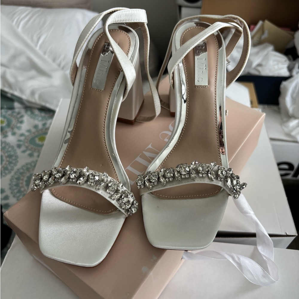 Satin White Heels with Crystal Embellishment
